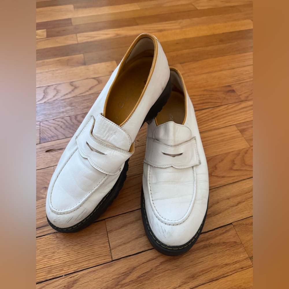 Bueno White Leather Loafers with Black Soles